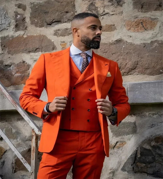 Ensemble costume-cravate 3 pièces slim fit pour homme, couleur orange foncé, avec revers en pointe, un bouton, blazer, pantalon et gilet, pour mariage, bureau ou bal de promo