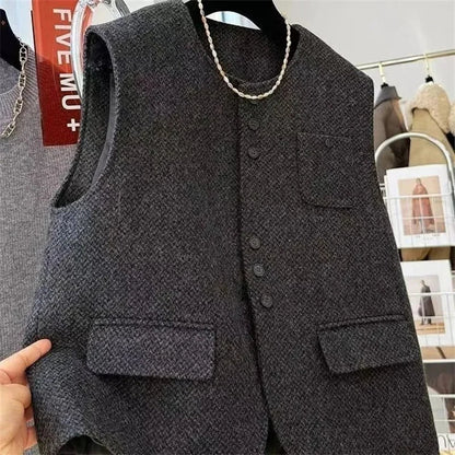 Women O- Neck Woolen Vest Coat European Female Cardigan Cotton Waistcoat Jacket Autumn Ladies Fashion  Sleeveless Tops Outwear