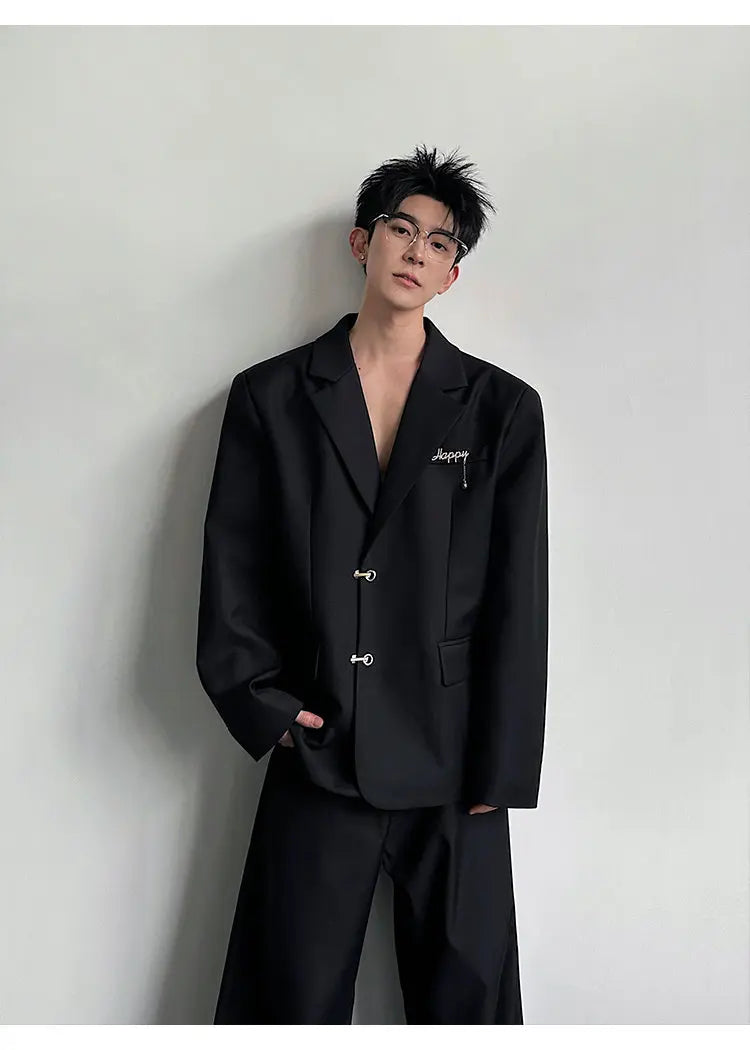 Spring Fashion Metal Buckle Decorate Solid Color Blazer Coat Men's Elegant Temperament Luxury Casual Male Clothes JY6115