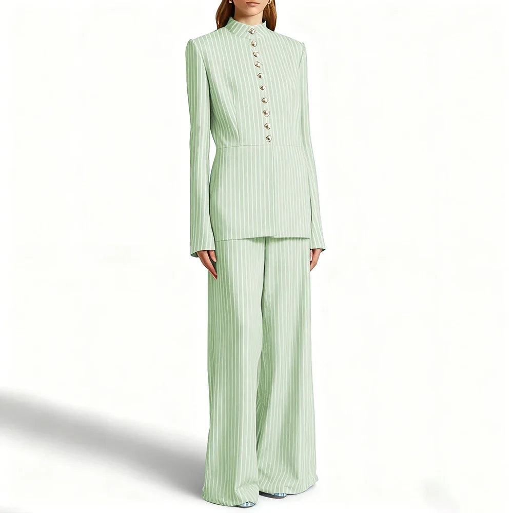 Elegant Women's Suits Pinstripe Two-piece(Jacket+Pants) Set with Stand Collar Gold Single Breasted Business Office Lady Outfit