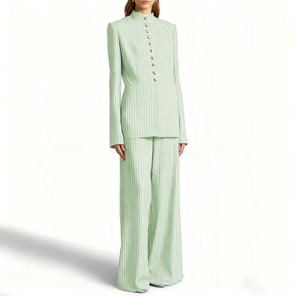 Elegant Women's Suits Pinstripe Two-piece(Jacket+Pants) Set with Stand Collar Gold Single Breasted Business Office Lady Outfit