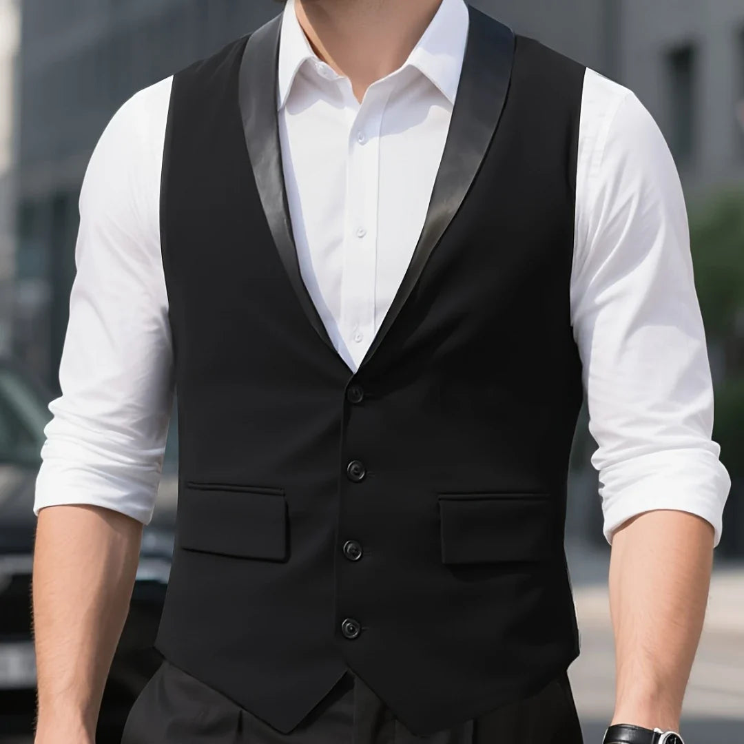 Men's Formal Vest Single Button Waistcoat Black Bright Lapel for Weddings & Business