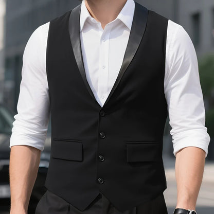 Men's Formal Vest Single Button Waistcoat Black Bright Lapel for Weddings & Business