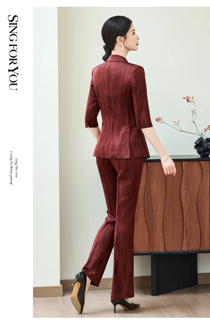 Spring Ladies Pant Suit Women Pink Wine Red Female Business Work Wear Half Sleeve Jacket and Trouser Formal 2 Piece Set Blazer