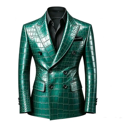 Men's Crocodile Embossed Leather Blazer Jacket Slim Fit Double Breasted Formal Suit Coat for Business Office Wrok Banquet Party