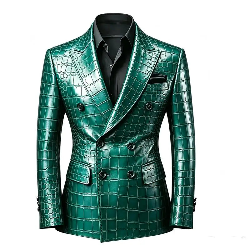 Men's Crocodile Embossed Leather Blazer Jacket Slim Fit Double Breasted Formal Suit Coat for Business Office Wrok Banquet Party