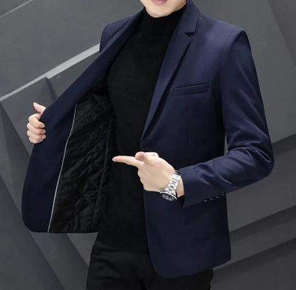 Men's Winter Cotton-Padded Thick Double-Breasted Casual Blazer Korean Style Trendy Solid Color Dark Blue Black Suit Jacket