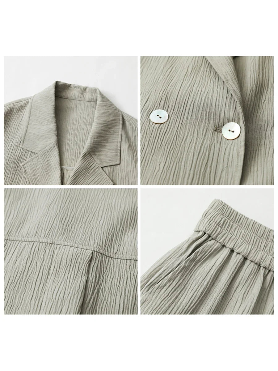 Women's Blazer Solid Casual Long Sleeve Jacket Texture Thin Suit Coat Shorts Office Lady Tops 2023 Summer New Fashion