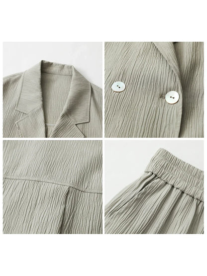 Women's Blazer Solid Casual Long Sleeve Jacket Texture Thin Suit Coat Shorts Office Lady Tops 2023 Summer New Fashion