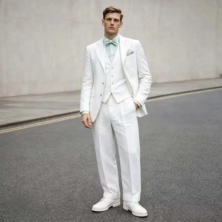 Costume 3 pièces en lin bleu pour homme, coupe ajustée, revers cranté, blazer deux boutons, gilet et pantalon, ensemble d'été décontracté pour le travail ou un mariage