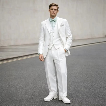 Costume 3 pièces en lin bleu pour homme, coupe ajustée, revers cranté, blazer deux boutons, gilet et pantalon, ensemble d'été décontracté pour le travail ou un mariage