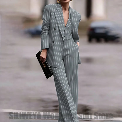 Navy Women's Striped 3 Piece Suit Double Breasted Blazer Vest Wide-Leg Pants Set Fashion Formal Party Office Casual Outfit