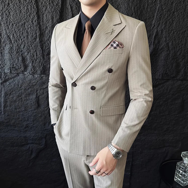 Men's Double-Breasted 2-Piece Suit – Classic Striped, Wedding & Business