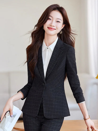 2024 Spring Autumn New Retro Plaid Elegant Blazer Coat And High Waist Pencil Pant Two Piece Set Women's Suit Business Clothing