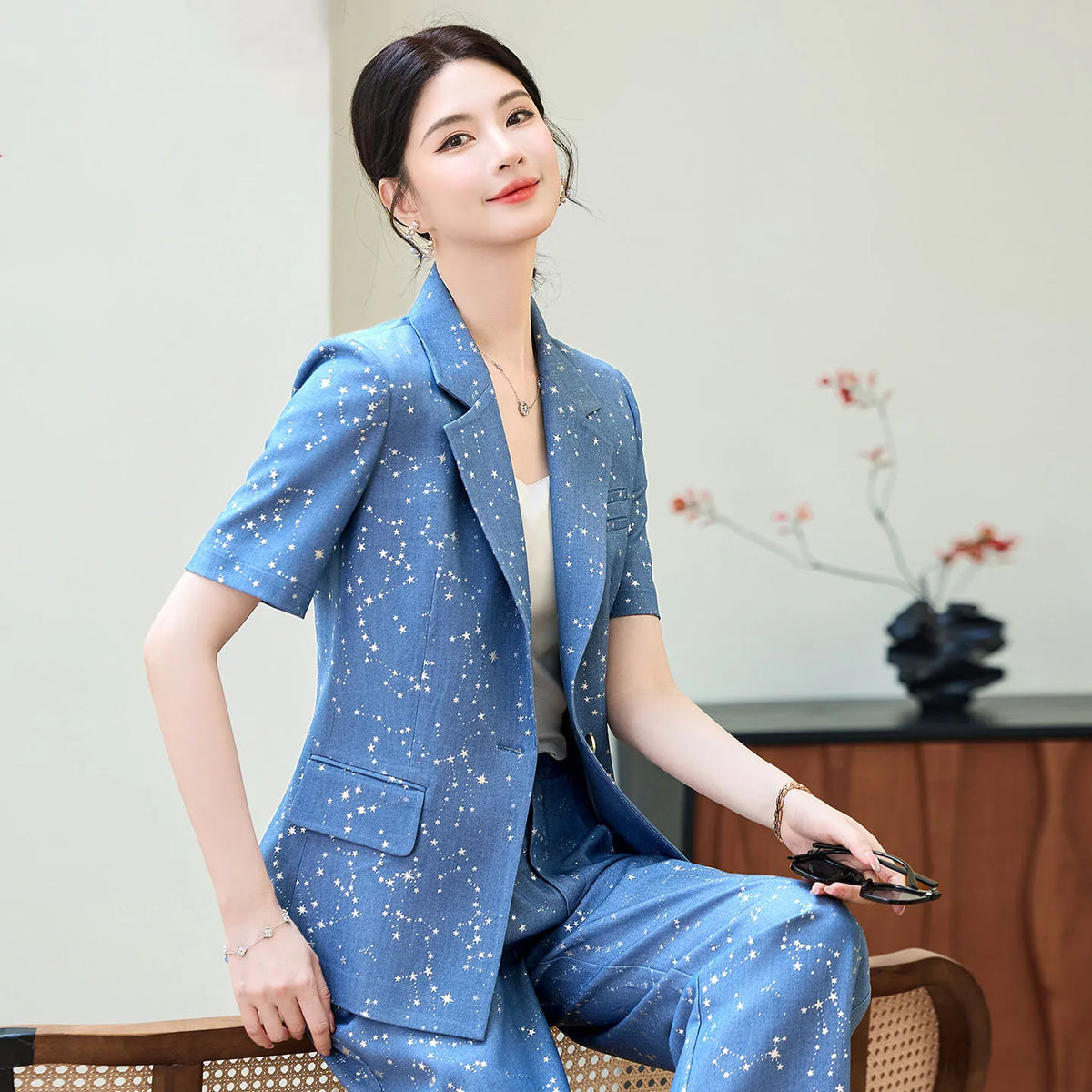 Fashion Blue Yellow Short Sleeve Professional Suit Women New Summer Elegant Formal Slim Blazer And Pants Office Ladies Work Wear