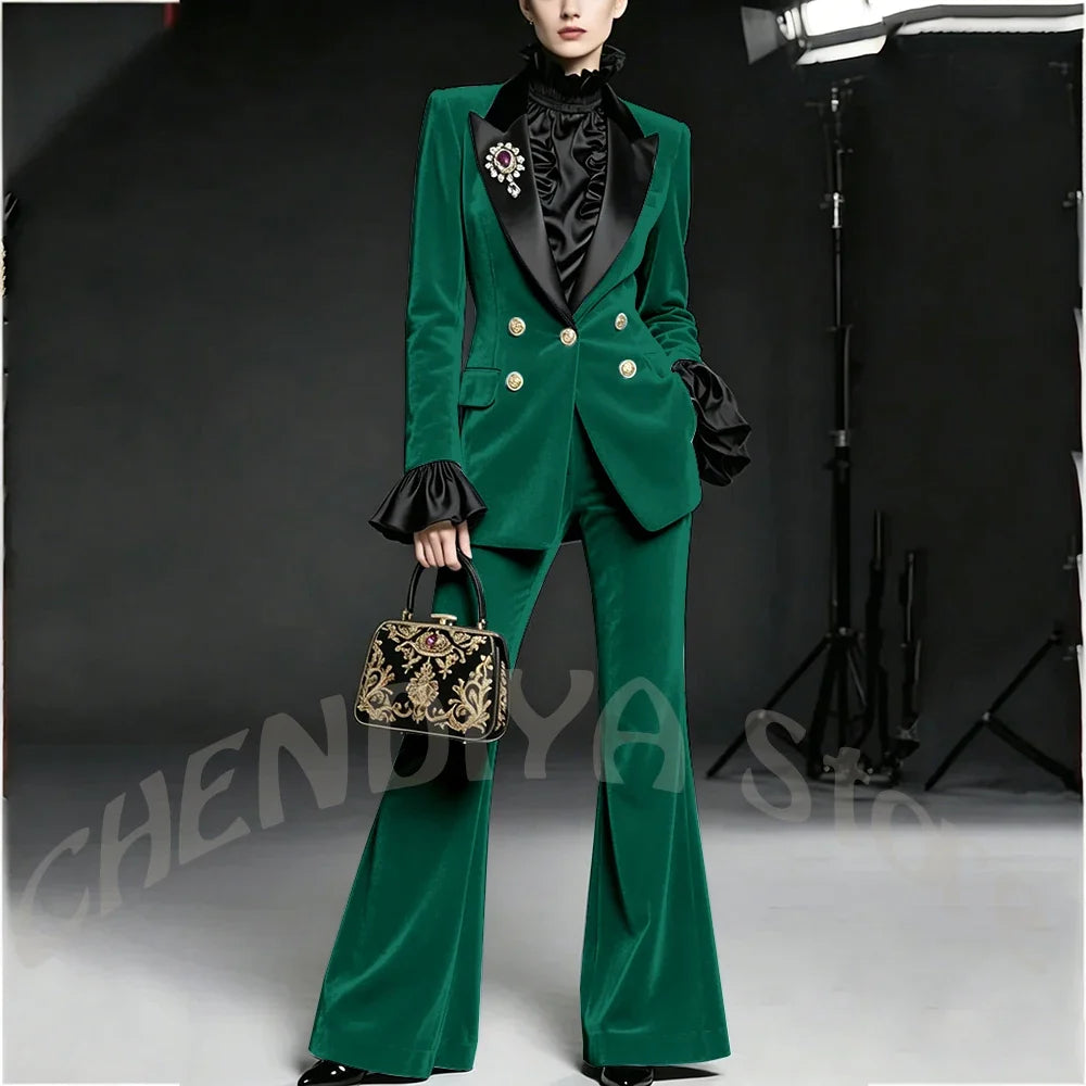 Wine Red Women Suit Stylish Velvet Elegant Outfit Peaked Lapel Blazer Pants Evening Party Prom Female Clothing Two Pieces