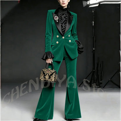 Wine Red Women Suit Stylish Velvet Elegant Outfit Peaked Lapel Blazer Pants Evening Party Prom Female Clothing Two Pieces
