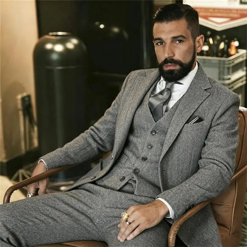 Retro Men's 3 Pieces Tweed Herringbone Suit Slim Fit Peak Lapel Wool Blend Dress Tuxedos For Wedding Groom (Blazer+Vest+Pants)