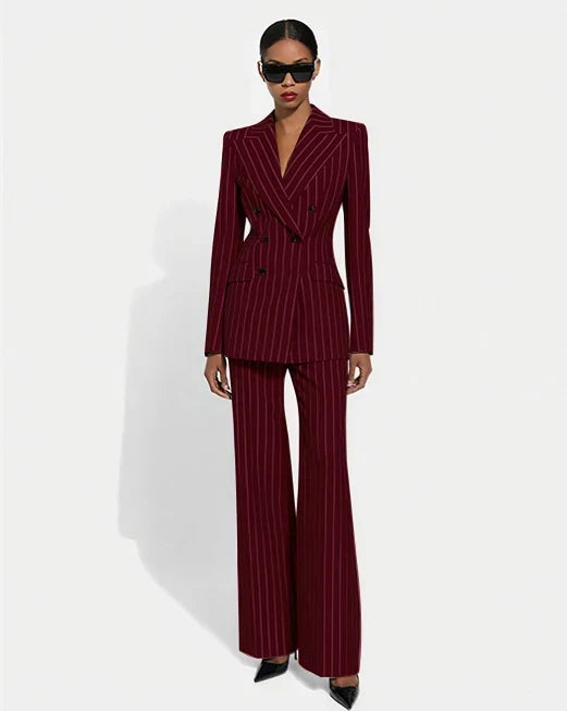 Black Stripe Double Breasted Women Blazer Sets Fashion Slim Pants Suits Custom Made Clothing