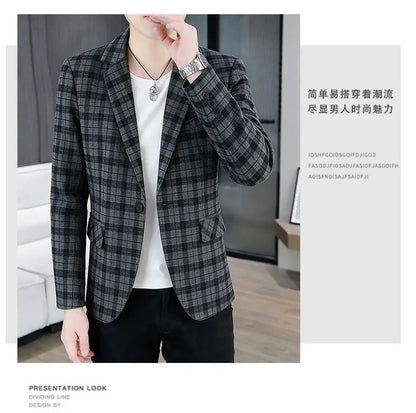 Men's Smart Casual Plaid Blazer – Single Breasted, Slim Fit, Spring Autumn