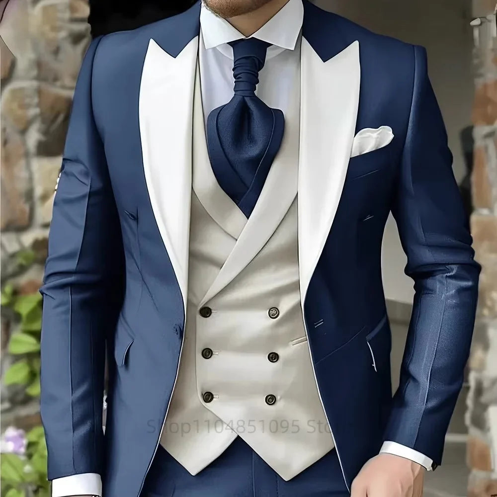 Costumes roses pour hommes Élégant smoking de marié à revers pointu Veste 3 pièces Gilet et pantalon Ensemble de costume formel pour hommes pour affaires et bal de promo