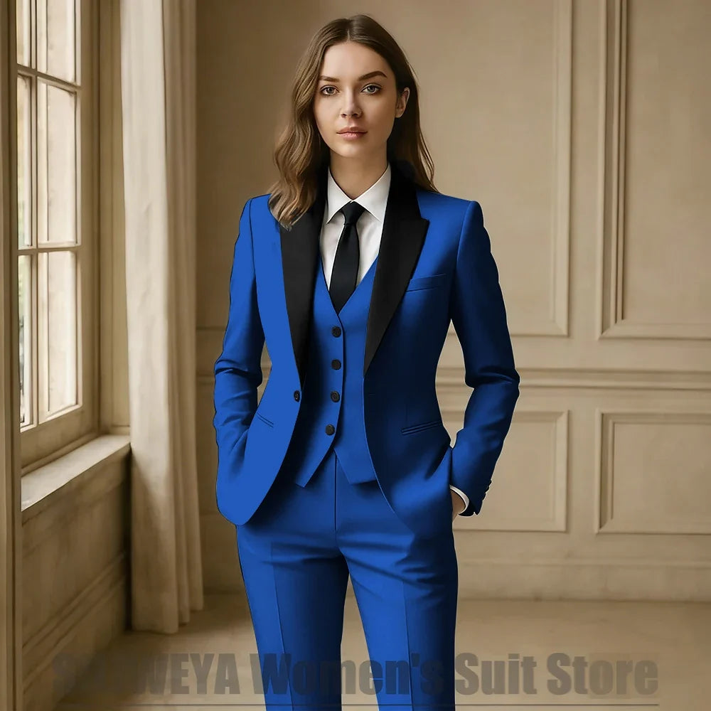 Women Royal Blue 3 Piece Tuxedo Suit Blazer Vest Pants with Black Lapel Slim Fit Formal Party Business Office Outfit