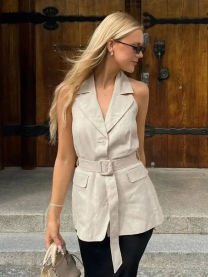Women Solid Halter Neck Sleeveless Linen Blend Blazer Vest Waist Belted Single Button Longline Office Casual Top 2026