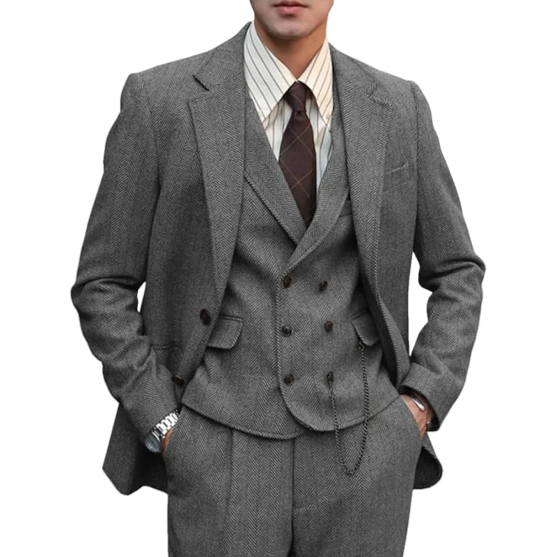 Hot Sale Men's Three-Piece Suit Herringbone Slim-Fit Business Casual 3 Piece Set Banquet Wedding Suit Formal Blazer Dress Jacket