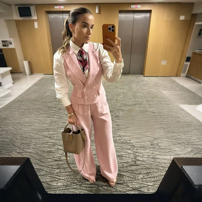 Chic Professional Women's Pink 2-Piece Suit Double Breasted Vest+Wide Leg Pants Daily Office Lady Outfit Slim Fit Party Set