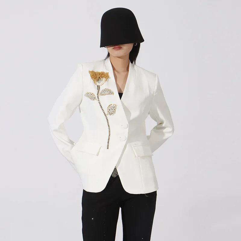 Spring Autumn New Women Blazer V-neck Single Breasted Beaded Flower High-End Slim Fit Elegant Fashion Tide Ins Coat HK16437