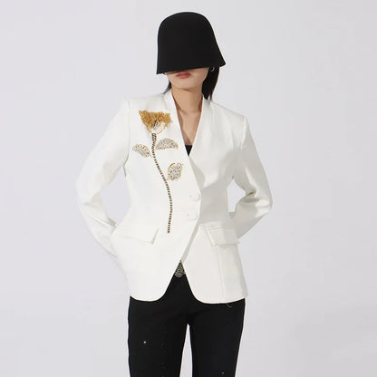 Spring Autumn New Women Blazer V-neck Single Breasted Beaded Flower High-End Slim Fit Elegant Fashion Tide Ins Coat HK16437