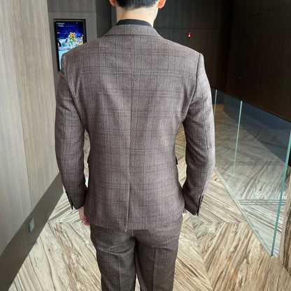 Ensemble costume trois pièces à carreaux modifié de haute qualité de style coréen britannique pour hommes - Gilet et pantalon de costume décontracté élégant