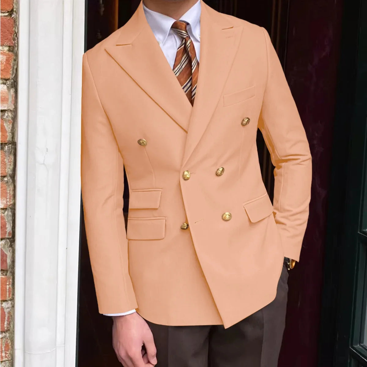 Men's Brown Serge Blazer Double Breasted Peak Lapel Gold Button Slim Fit British Style Fashion Suit Jacket Formal Business Casua