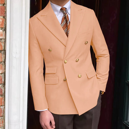 Men's Brown Serge Blazer Double Breasted Peak Lapel Gold Button Slim Fit British Style Fashion Suit Jacket Formal Business Casua