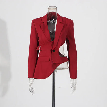 Women's Trendy Elegant High Street Hollow Out Design Pocket Slim Fit Coat Stylish Chic Asymmetric Long Sleeve Blazer HK8293