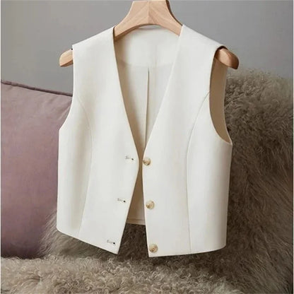 Women Fashion Leisure V-neck Lined Waistcoat Korean Female Short Suit Sleeveless Spring Autumn Lady Solid Color Blazer Vest Tops
