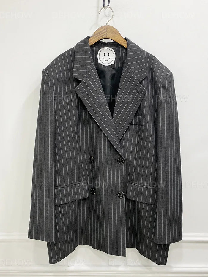 Vintage Vertical Stripes Women's Suit Jacket Loose Fit Double Breasted Autumn Outerwear Fashion Versatile Polyester Cotton Blend