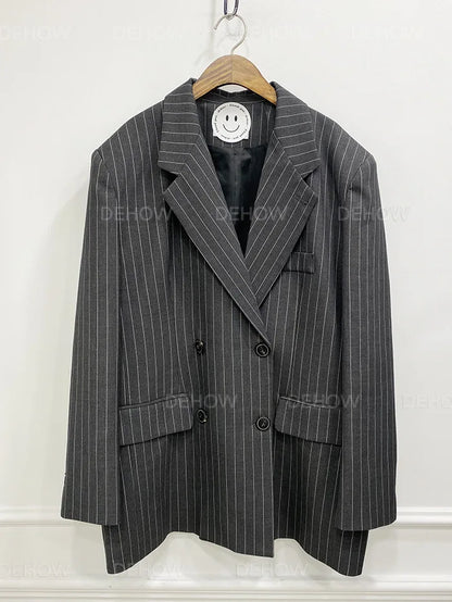 Vintage Vertical Stripes Women's Suit Jacket Loose Fit Double Breasted Autumn Outerwear Fashion Versatile Polyester Cotton Blend