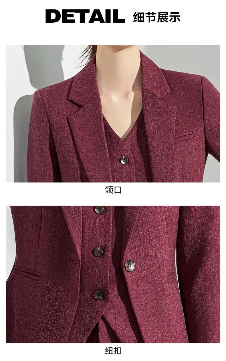 Formal Office Lady Slim Fit 2 Piece Suits Autumn Dark Brown Single Button Blazer And Pants Elegant Business Female Work Wear