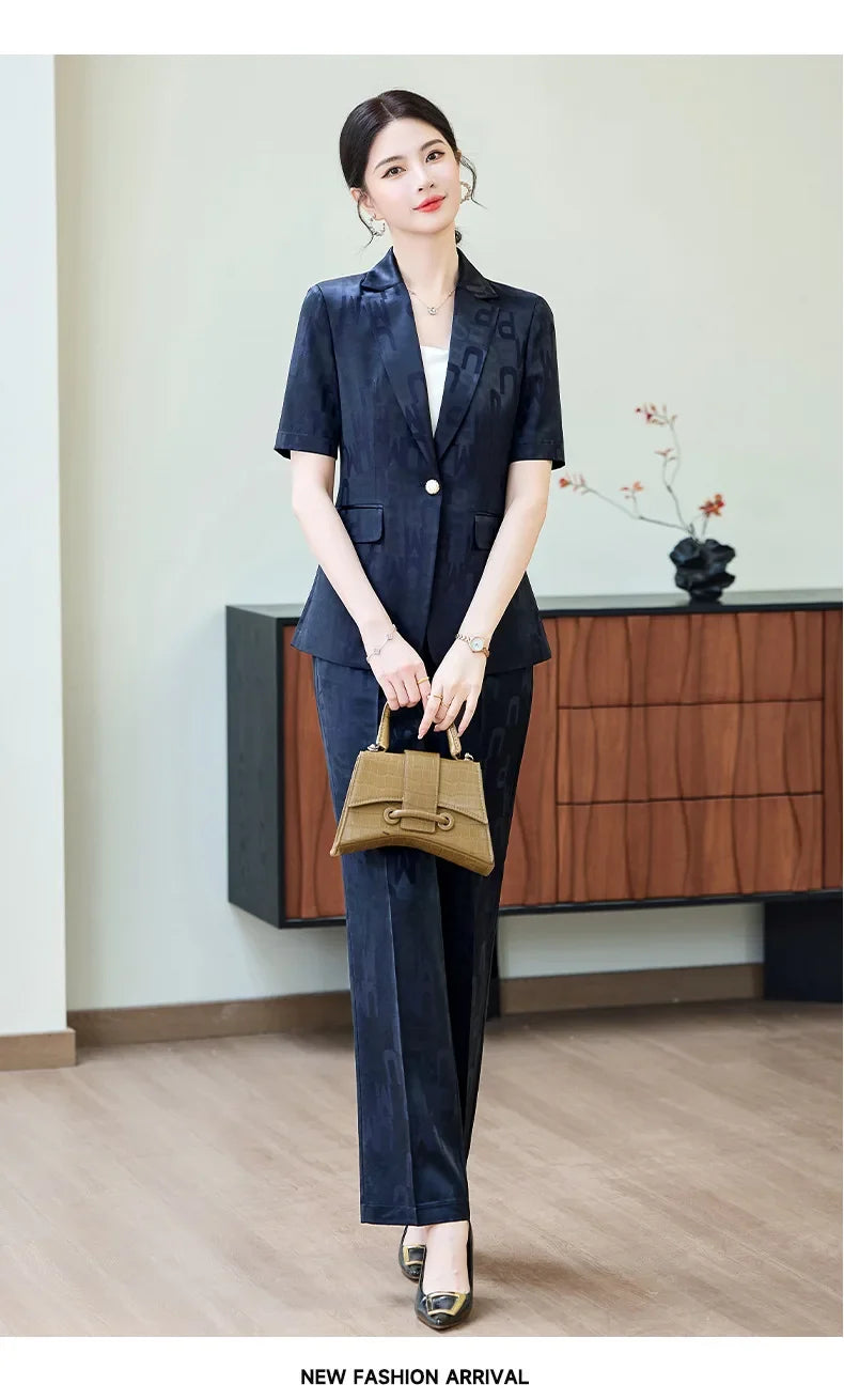 Fashion Letter Print Short Sleeve Professional Suit Women New 2026 Summer Elegant Slim Blazer And Pants Office Ladies Work Wear