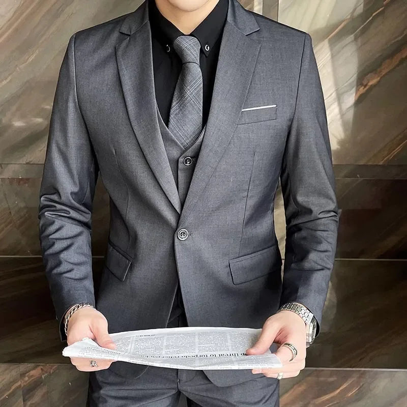 Suit (Blazer + Vest + Pants) Men's Smart Casual Business Formal Korean Style Banquet Suit