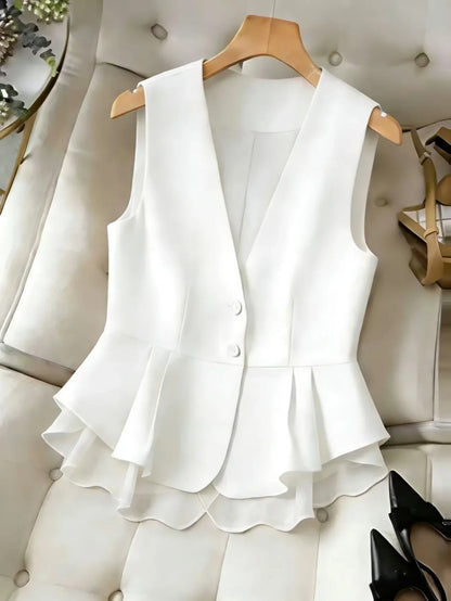 Women's Elegant V-Neck Peplum Vest, Sleeveless Button Down Blazer Waistcoat with Layered Chiffon Hem for Business Casual Office