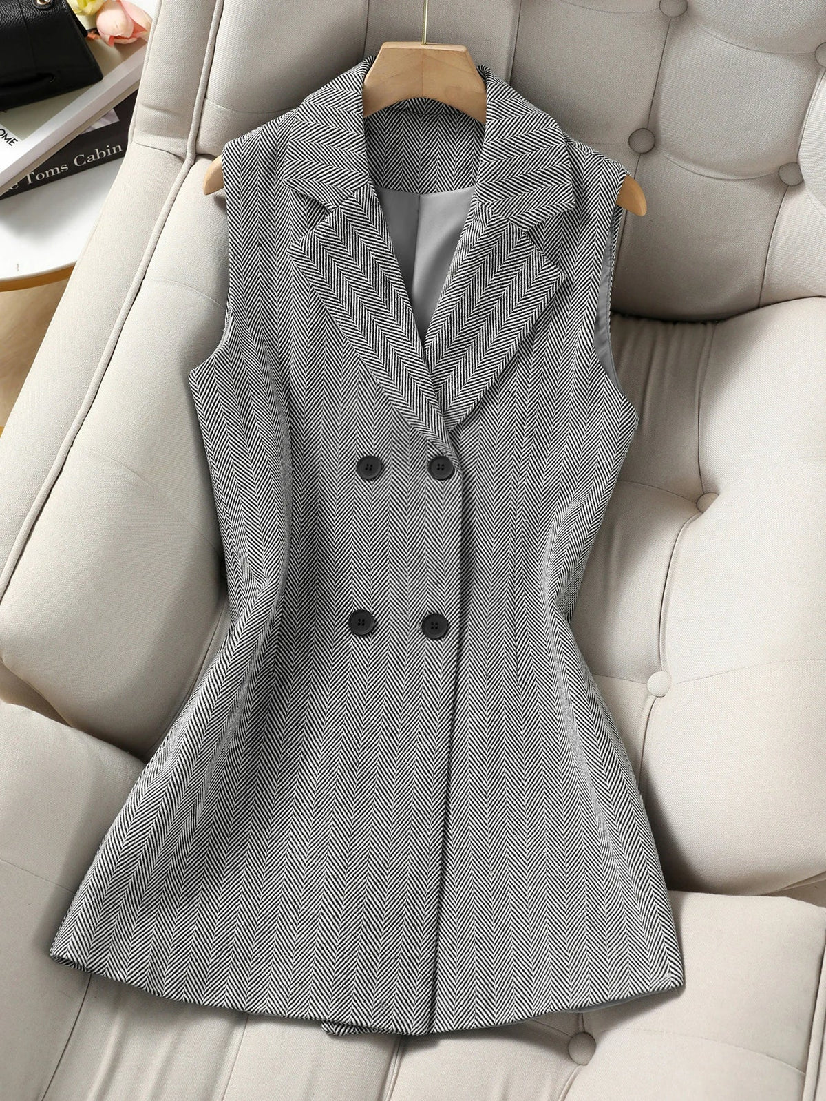 Vintage Women's Herringbone Double-Breasted Blazer Vest, Sleeveless Notched Lapel Long Waistcoat, Elegant Office Work Suit Vest