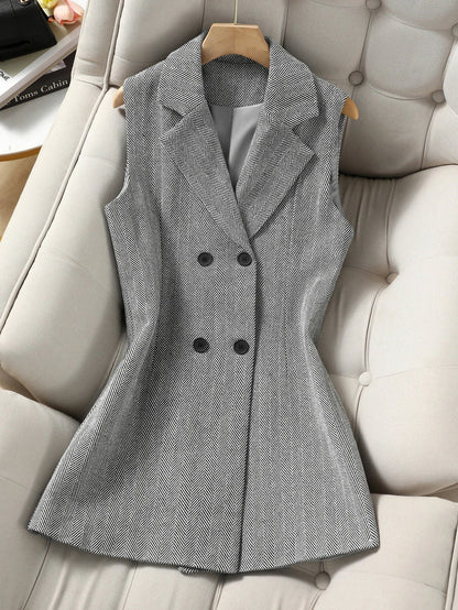 Vintage Women's Herringbone Double-Breasted Blazer Vest, Sleeveless Notched Lapel Long Waistcoat, Elegant Office Work Suit Vest