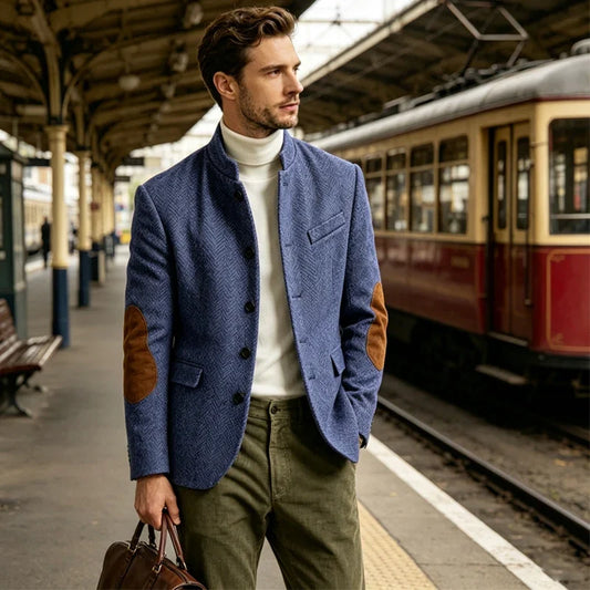 Men's Herringbone Tweed Blazer with Suede Elbow Patches – Stand Collar Wool Blend Jacket for Casual & Business Wear