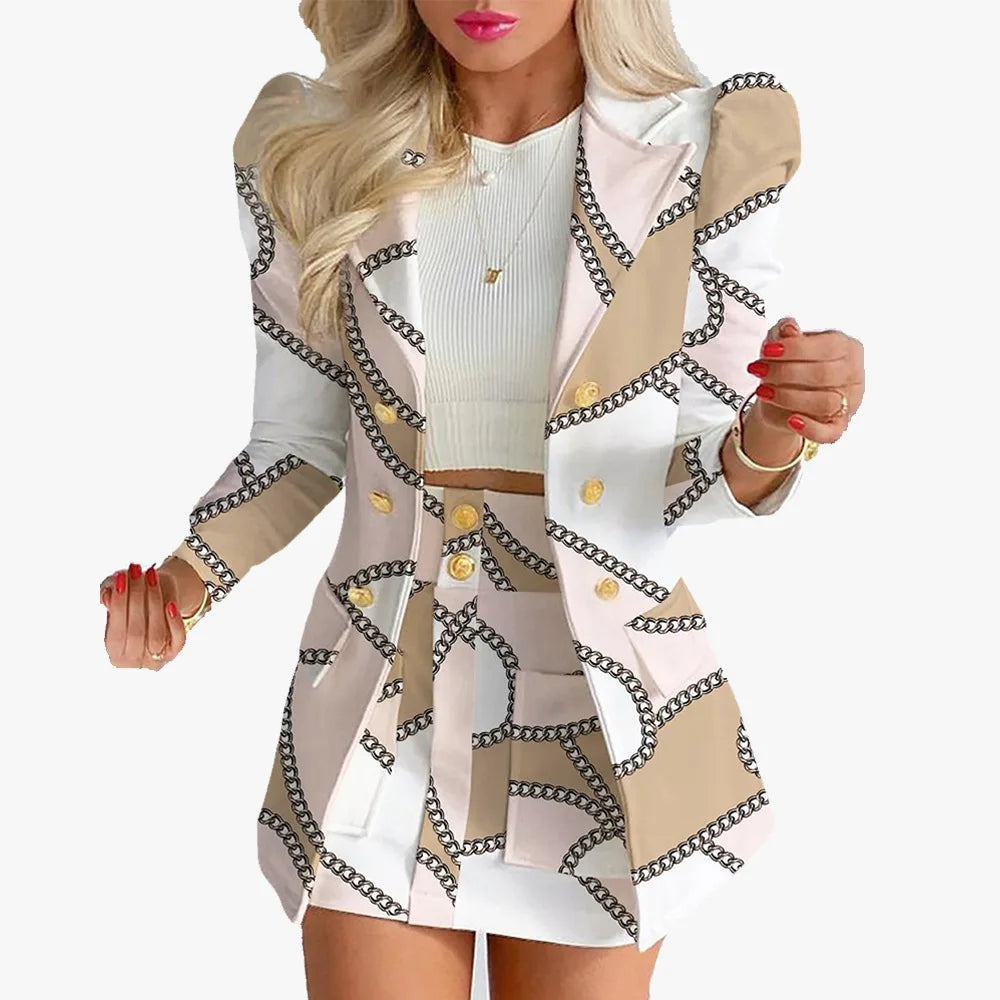 Fashionable Casual Print Long Sleeve Women's Suiting Skirt Ensemble Autumn Commute Wear Polyester Fabric Unisex O2O Sales