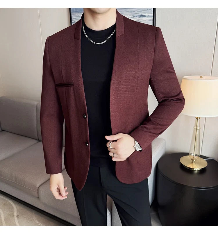 Chinese Style Collarless Suit Jacket Men Fashion Slim Fit Versatile Blazers Male Casual Business Wedding Groom Dress Jacket 2025