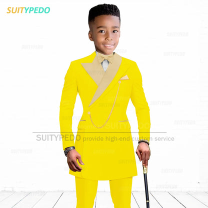 Brief Kids Suit Set  Formal Evening Prom Boys Stylish Gold Lapel Blazer And Pants Two Pieces Children Baptism Formal Costumes