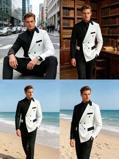 2Pieces Peaked Lapel Double Breasted Suits for Men Wedding Slim Fit Formal Groom Tuxedo Black White Suit Jacket with Pants