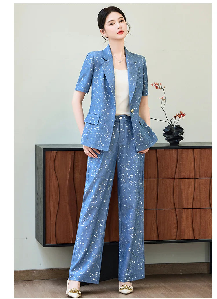 Fashion Blue Yellow Short Sleeve Professional Suit Women New Summer Elegant Formal Slim Blazer And Pants Office Ladies Work Wear